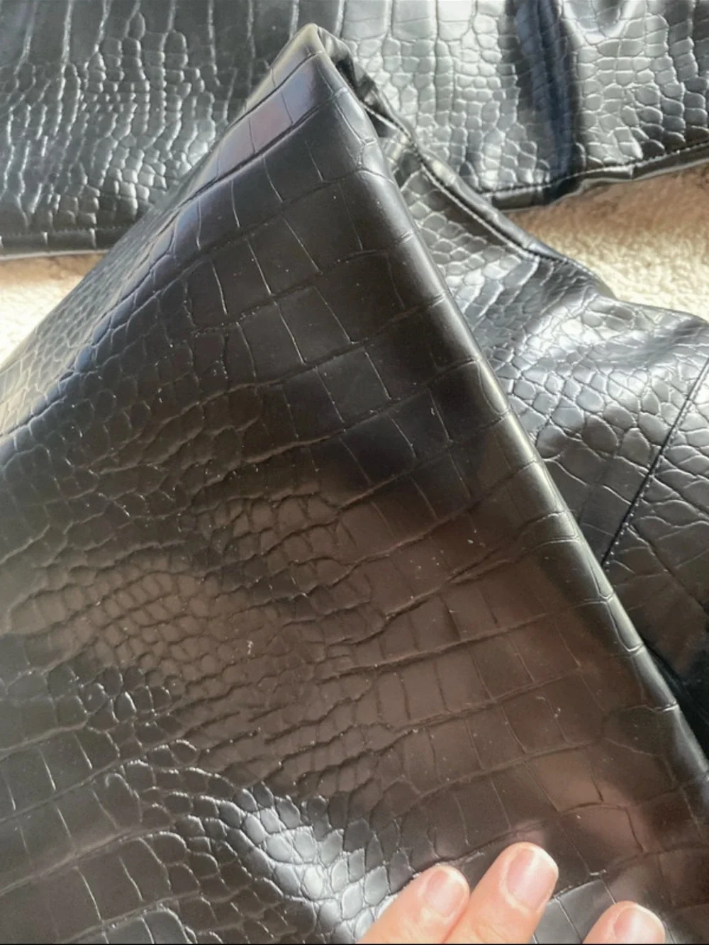 Black Croc-Embossed Knee-High Heeled Boots